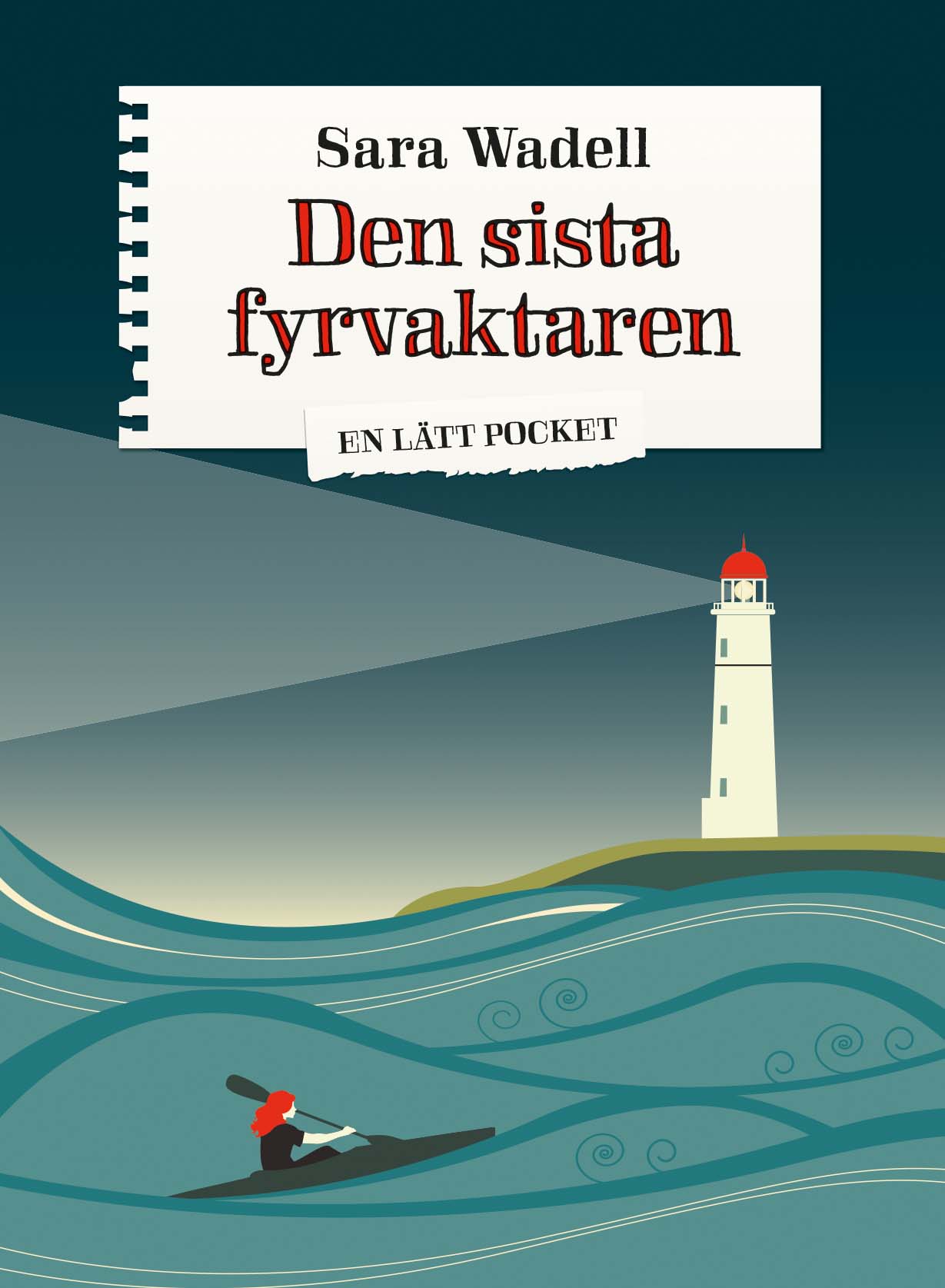 En fyr och en kvinna som paddlar i kanot i havet.