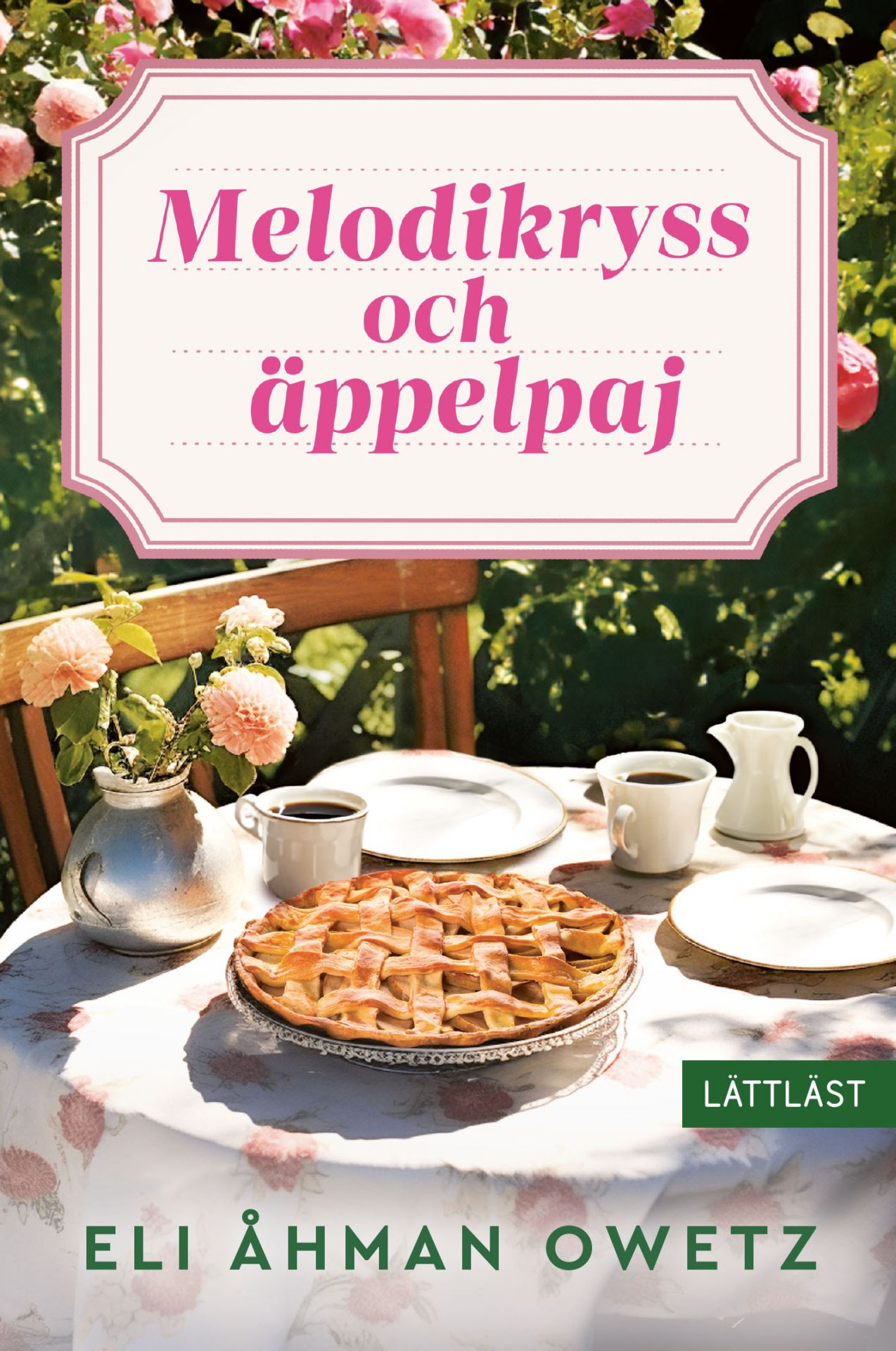 På bokpärmen finns ett dukat kaffebord ute i trädgården