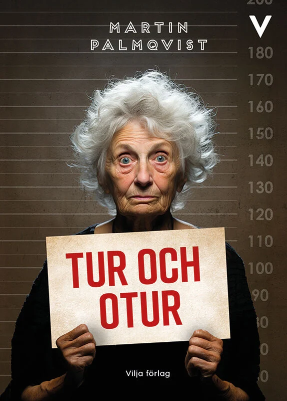 En kvinna med lockigt grått hår håller en skylt med texten tur och otur.