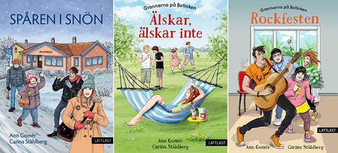 Tre bokpärmar i bokserien om gruppboendet Bofinken.